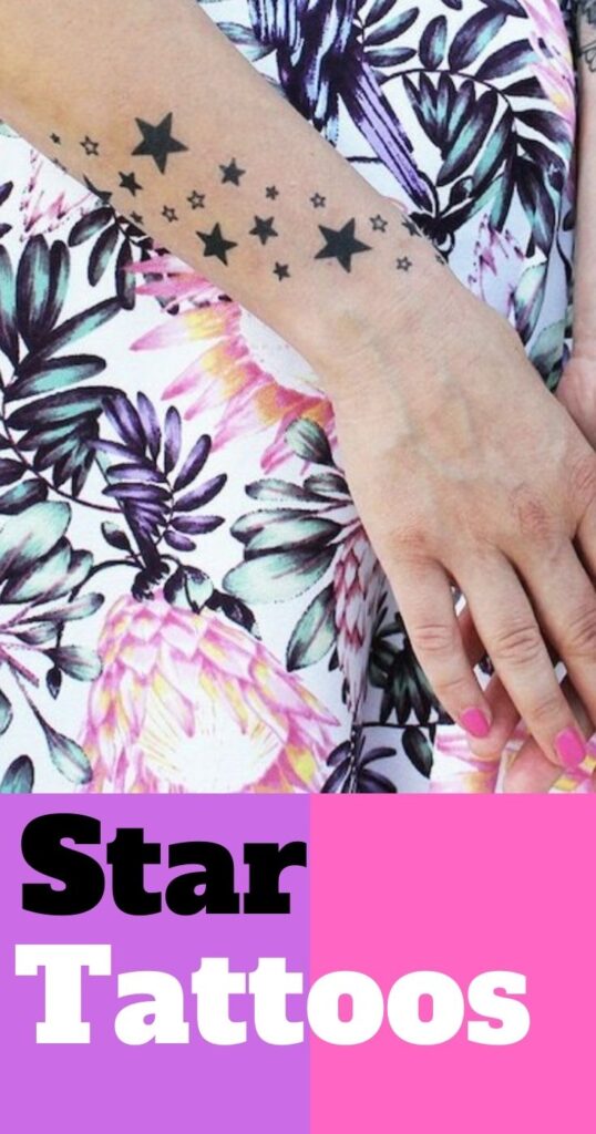 woman's arm with multiple tattoos of stars