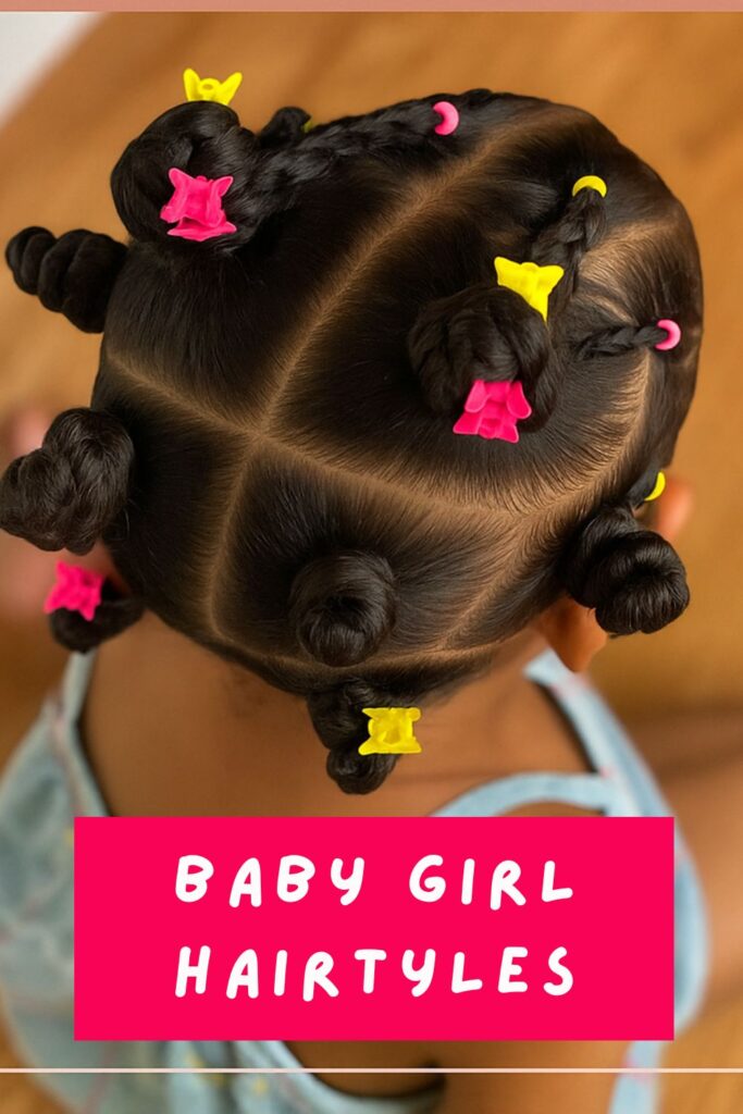 Looking for adorable and easy baby girl hairstyles? This cute braided bun style with colorful butterfly clips is perfect for toddlers and young girls. A great choice for moms wanting low-maintenance styles that protect natural hair while keeping it stylish!