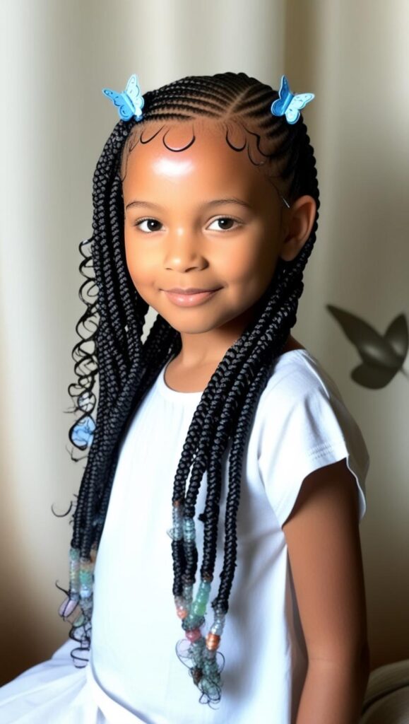 This adorable hairstyle features neatly braided cornrows combined with loose curls for a soft and stylish look. The blue butterfly hair clips add a whimsical touch, while the beaded ends bring a fun, playful element. Perfect for special occasions or everyday wear, this protective style keeps hair neat while allowing creativity and personality to shine.