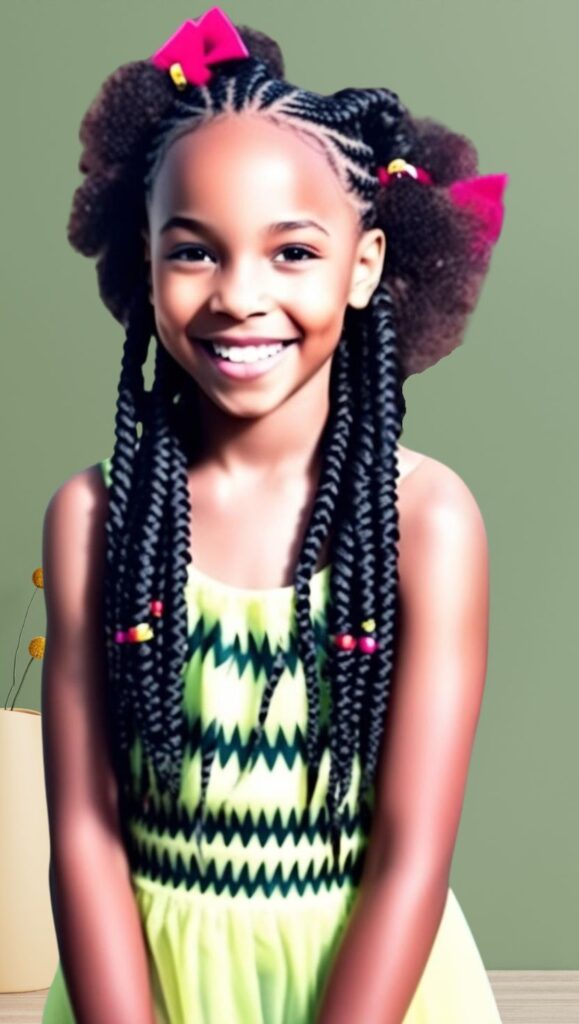 This stunning braided hairstyle for little girls combines intricate cornrows with long, stylish braids and voluminous afro puffs. The bright pink bows add a playful and adorable touch, making this the perfect look for special occasions, school, or everyday wear. A beautiful and protective natural hairstyle that celebrates creativity and versatility in Black hair styling.