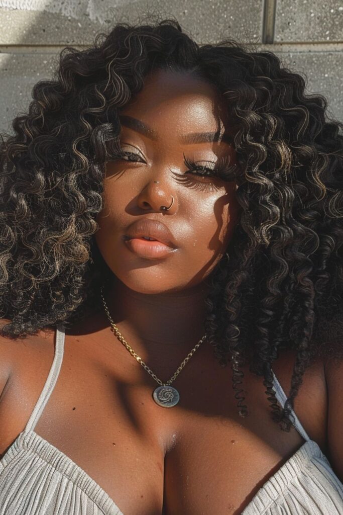 A plus size black woman with big curly crochet braids, wearing a linen top, a simple necklace with a charm on it, taking a selfie outside, has beautiful makeup. She has large lips and full eyelashes, she's smiling. She looks like the style of KneOMiiswings2056 in their Instagram profile photo. Her hair has light brown highlights.