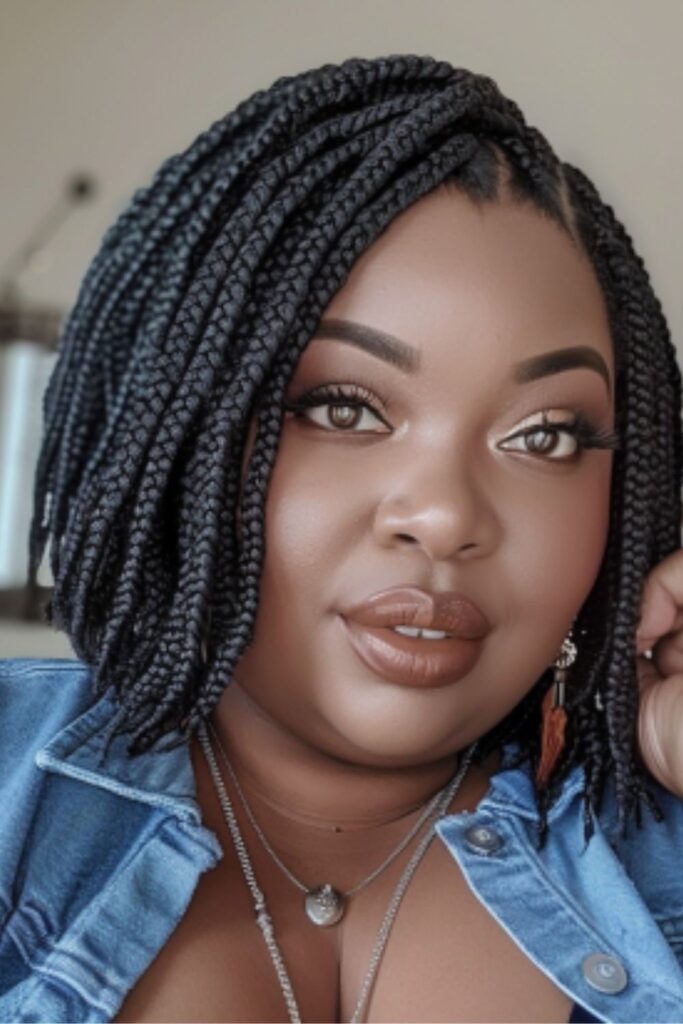 African American woman, plus size with chin-length crochet twist braids in a bob style, wearing denim top, taking selfie, brown eyes, full lips, dimples, silver necklace and earrings, big brown eyes with long lashes, soft glam makeup, full lips, wearing blue jean top and silver necklace.