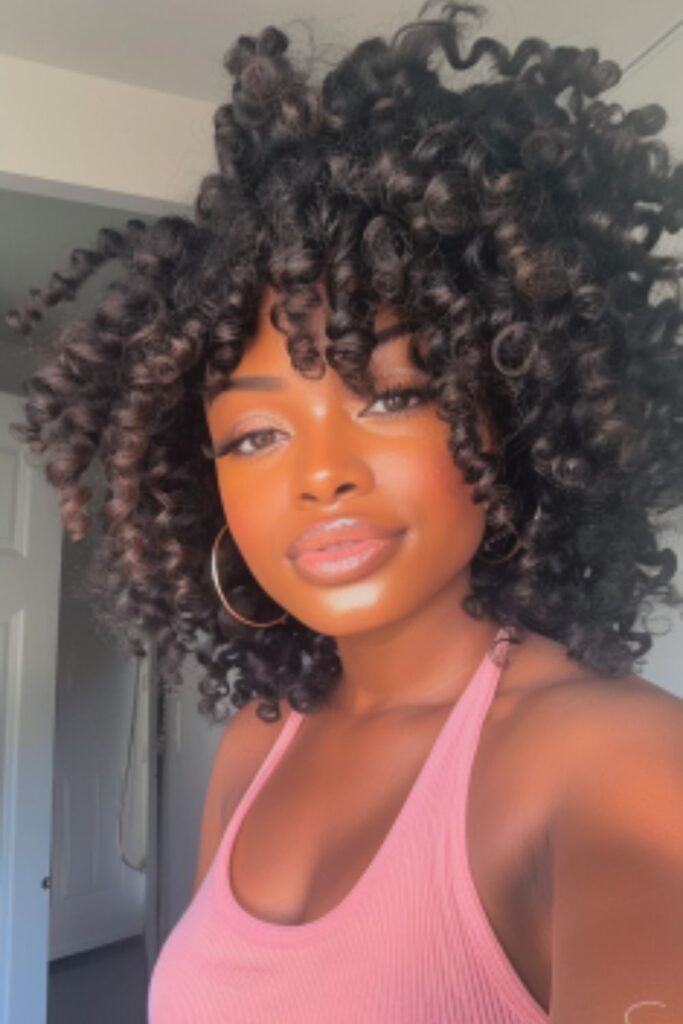 A black woman with big curly crochet hairstyle, wearing a pink top, taking a mirror selfie in the bathroom, has beautiful makeup. She has large lips and full eyelashes, she's smiling. Her shoulder length black curls have baby hairs at the side of her head. She also wears hoop earrings. 