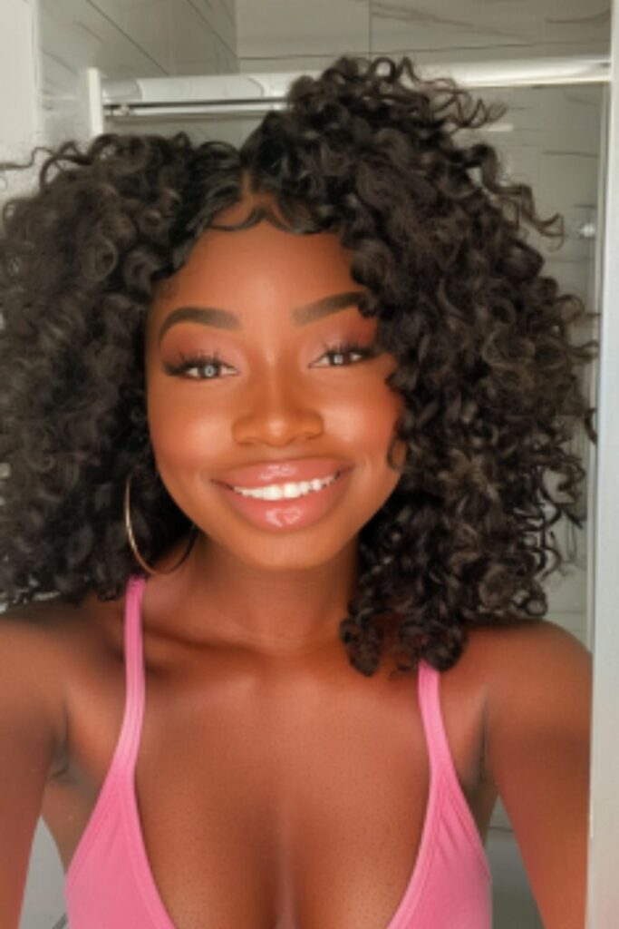 A black woman with big curly crochet hairstyle, wearing a pink top, taking a mirror selfie in the bathroom, has beautiful makeup. She has large lips and full eyelashes, she's smiling. Her shoulder length black curls have baby hairs at the side of her head. She also wears thin silver hoop earrings.
