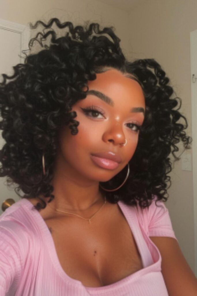 This image captures a young woman with voluminous, curly crochet hair styled with tendrils elegantly framing her face. She wears subtle makeup highlighted by soft, glowing skin, bold eyeliner, and pink glossy lips, perfectly complemented by a pink ribbed top. The woman's overall look radiates a fresh and chic vibe, enhanced by simple gold jewelry and hoop earrings.