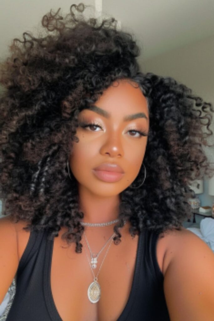 This image captures a woman with a lush, curly crochet hairstyle featuring natural brown tones. Her makeup is beautifully applied, emphasizing soft, smoky eyes, perfectly shaped eyebrows, and glossy, nude lips. She is wearing a simple black tank top and layered silver necklaces, one with a prominent pendant, adding a touch of sophistication to her casual yet polished appearance.