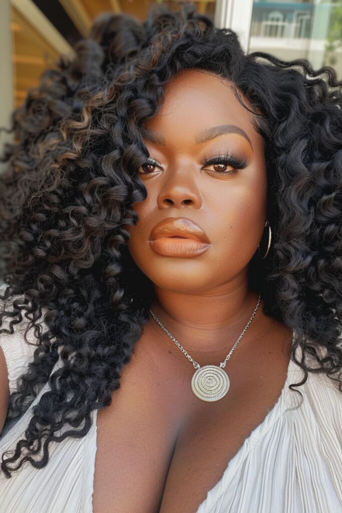 This portrait showcases a woman with long, two-toned curly crochet braids cascading around her face. She wears dramatic makeup featuring arched eyebrows, bold eyeliner, and nude lipstick. Her look is completed with a white, pleated top and a circular pendant necklace, giving her an aura of stylish elegance and confidence.
