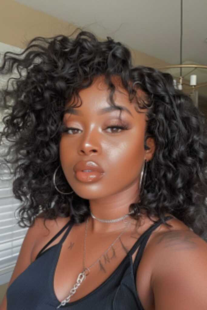 A black woman with big curly hair, wearing a black top, a simple necklace with a charm on it, taking a mirror selfie of her profile in her bedroom, has beautiful makeup. She has large lips and full eyelashes, she's smiling. Her hair is shoulder length in black curls.