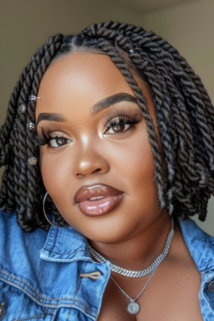 This image features a close-up portrait of a young woman with an elegant makeup look, showcasing voluminous two-strand twist crochet braids adorned with silver hair cuffs. Her makeup includes defined eyebrows, long eyelashes, and glossy nude lipstick, complemented by a denim jacket and layered silver necklaces. This composition highlights her stylish hairstyle and detailed makeup.