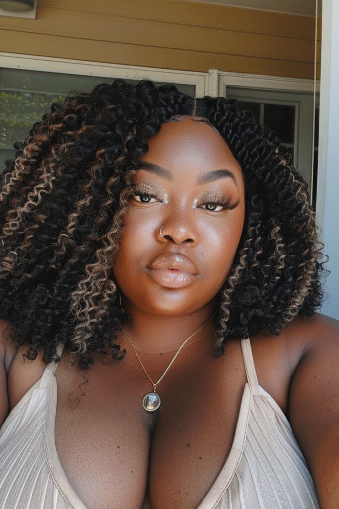 A plus size black woman with big curly crochet braids, wearing a linen top, a simple necklace with a charm on it, taking a picture outside. She has beautiful makeup. She has large lips and full eyelashes, she's smiling. She looks like the style of KneOMiiswings2056 in their Instagram profile photo. Her hair has highlights. She also wears small earrings.