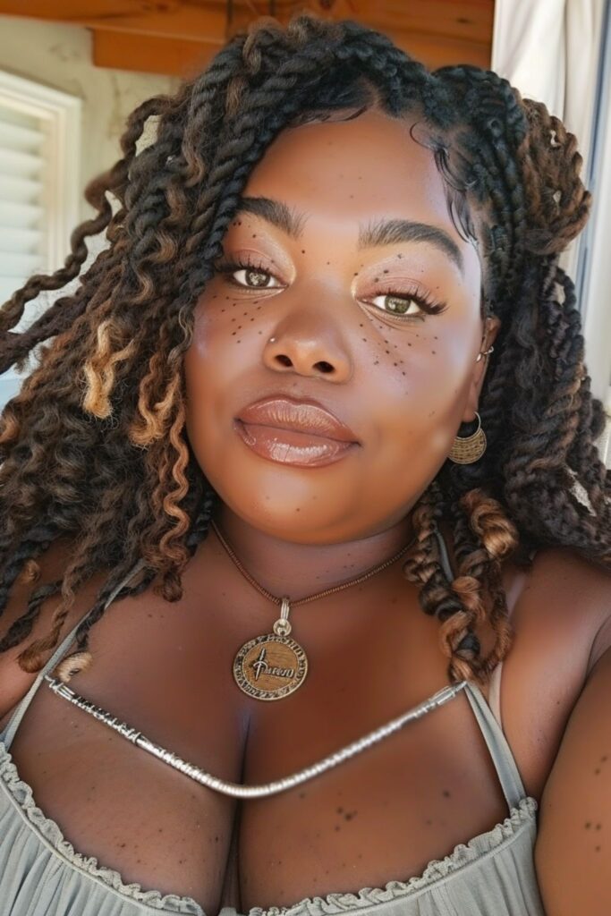 A plus size black woman with big curly crochet braids, wearing a linen top, a simple necklace with a charm on it, taking a picture outside. She has beautiful makeup. She has large lips and full eyelashes, she's smiling. She looks like the style of KneOMiiswings2056 in their Instagram profile photo. Her hair has highlights. She also wears small earrings.