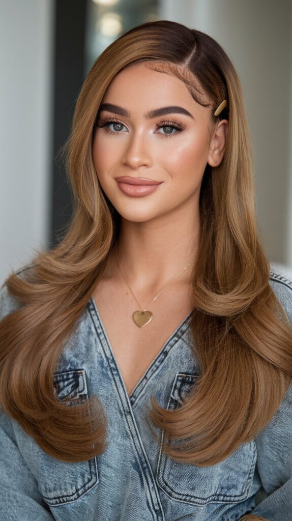 A young woman with long, sleek, chestnut-brown hair, styled with a slight wave that falls smoothly over her shoulders. Her hair has a soft shine, and she has a side part that adds volume to the top.