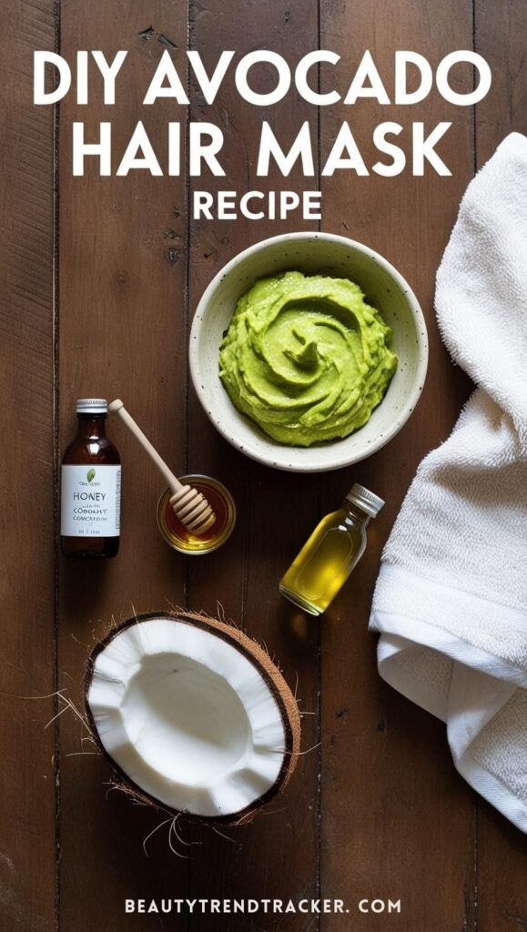 An inviting flat lay of a DIY hair mask recipe setup featuring a mixing bowl with creamy avocado hair mask, a jar of honey, coconut oil, and a towel on a rustic wooden table.
