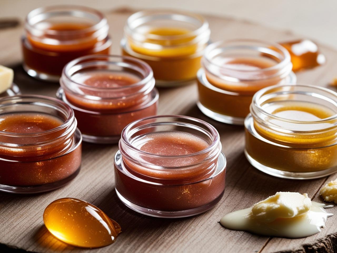 A close-up of homemade lip gloss in small round containers, surrounded by natural ingredients like honey, shea butter, and coconut oil, with a hint of shimmer.