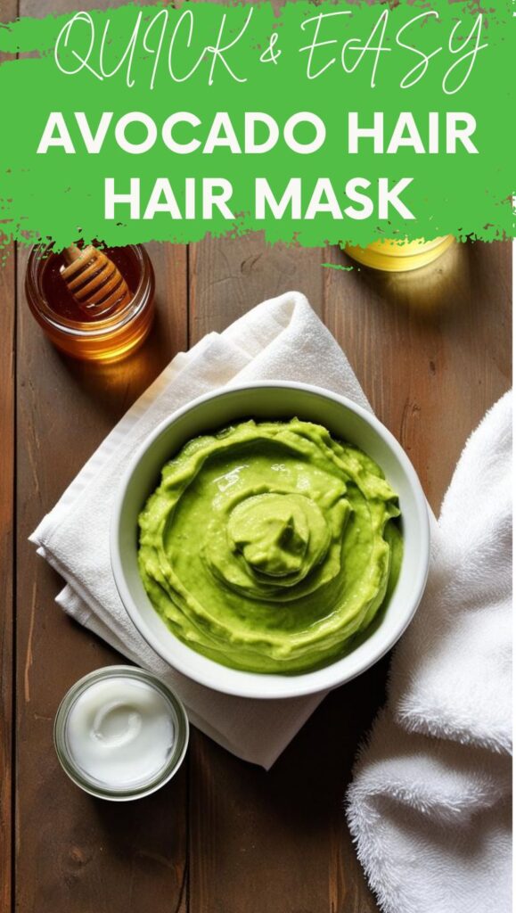 An inviting flat lay of a DIY hair mask recipe setup featuring a mixing bowl with creamy avocado hair mask, a jar of honey, coconut oil, and a towel on a rustic wooden table.