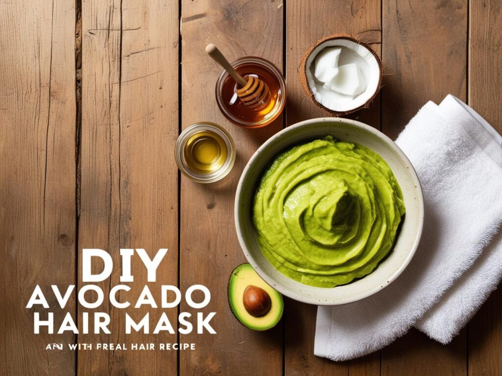 An inviting flat lay of a DIY hair mask recipe setup featuring a mixing bowl with creamy avocado hair mask, a jar of honey, coconut oil, and a towel on a rustic wooden table.