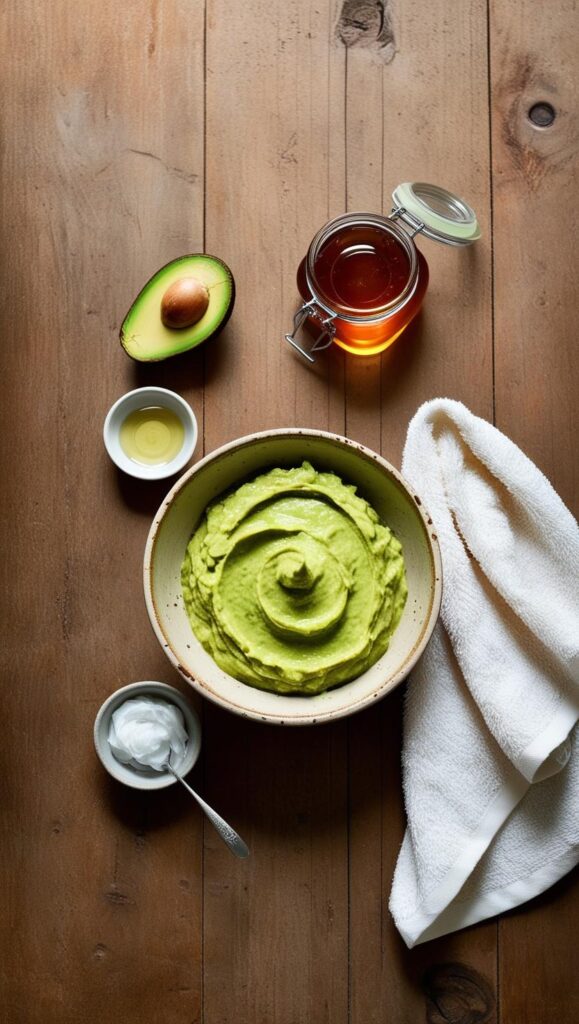 An inviting flat lay of a DIY hair mask recipe setup featuring a mixing bowl with creamy avocado hair mask, a jar of honey, coconut oil, and a towel on a rustic wooden table.