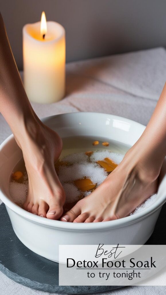 Feet in a relaxing foot spa and a lit candle in the background.