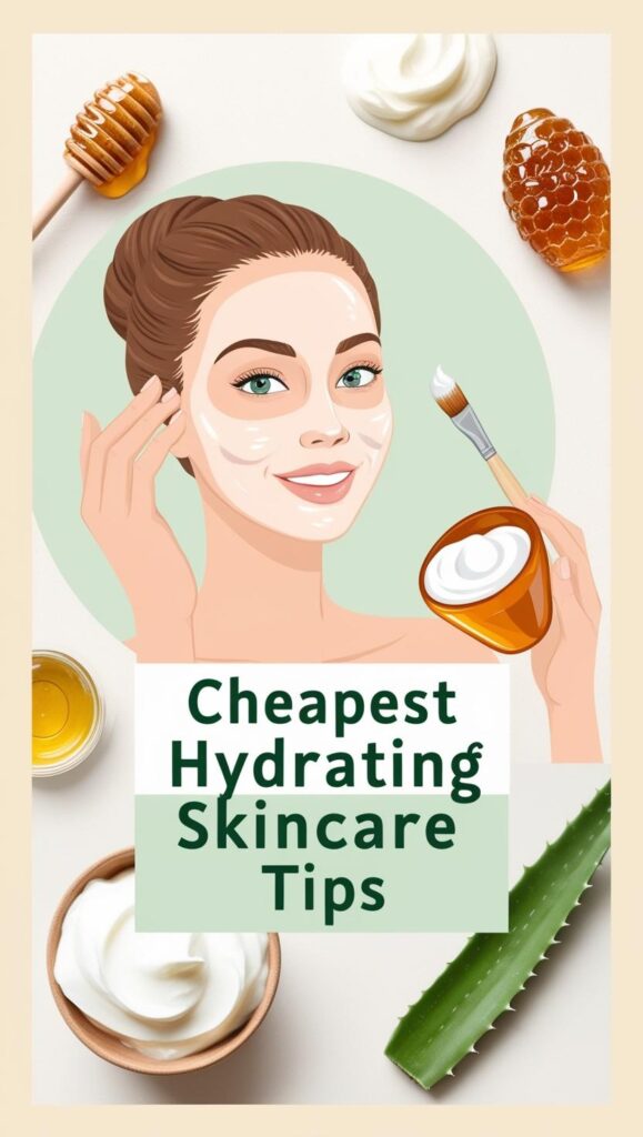 An illustrated guide to the cheapest hydrating skincare ideas. A smiling woman applies a DIY face mask, surrounded by honey, aloe vera, and moisturizers. The design has a soft, pastel aesthetic for a natural beauty theme.