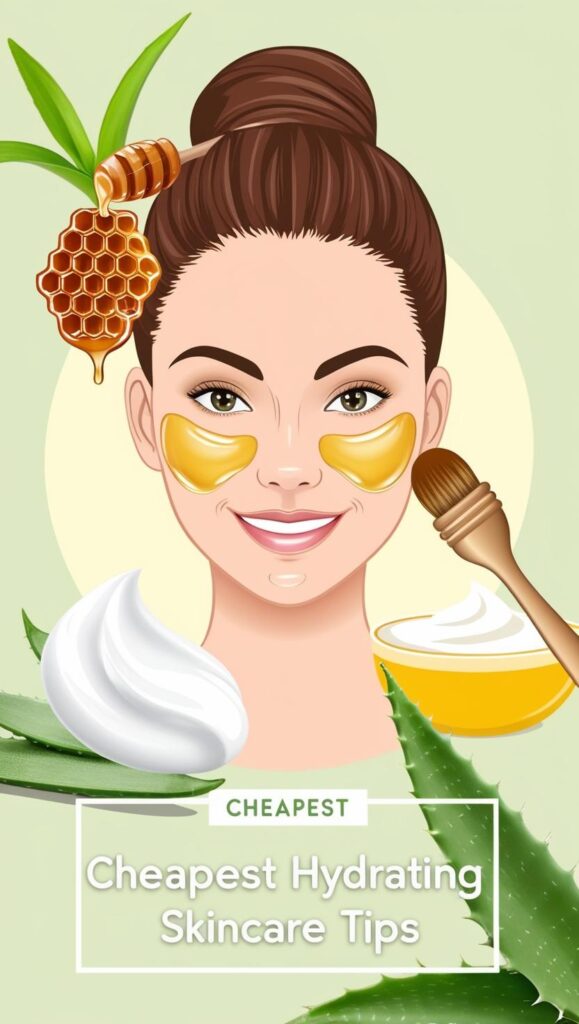 An illustrated infographic featuring affordable hydrating skincare tips. The image shows a woman applying a creamy face mask with a brush, with honey, aloe vera, and yogurt in the background. The soft green and neutral tones give a fresh, organic feel.
