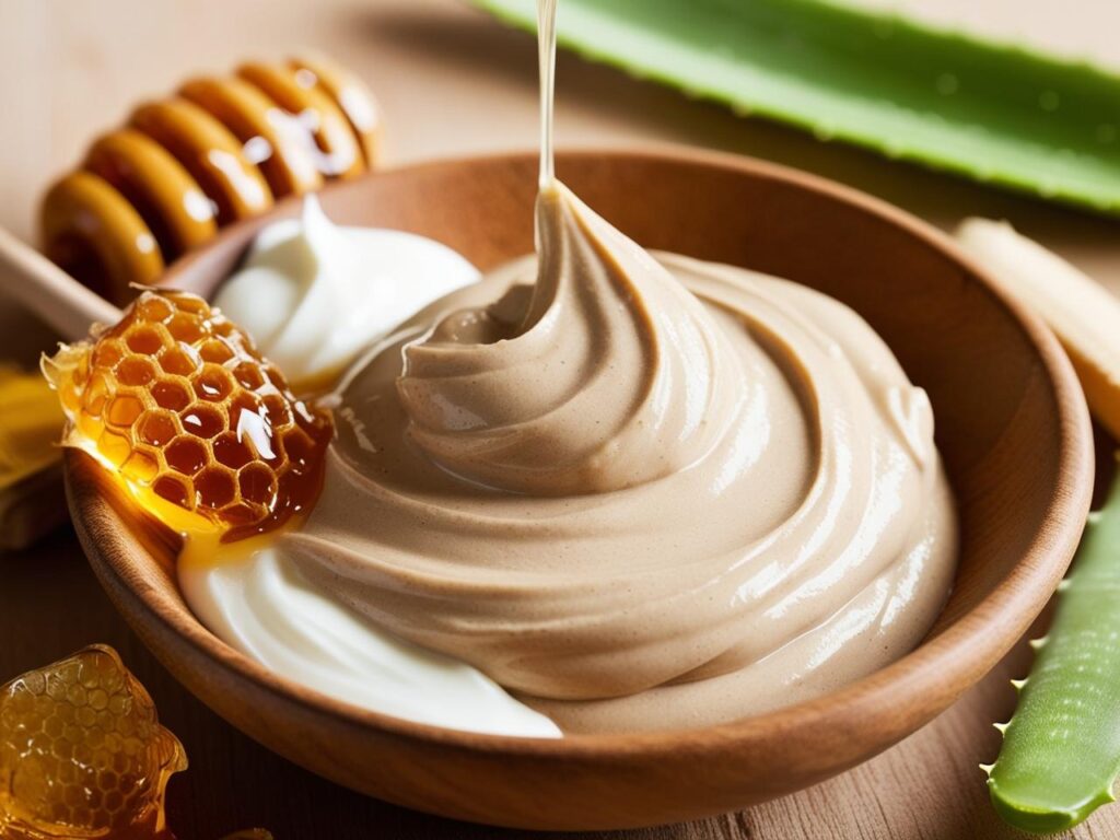 A wooden bowl filled with a rich, creamy hydrating face mask, topped with golden honey and surrounded by fresh aloe vera and honeycomb pieces. The image emphasizes natural skincare and self-care routines.
