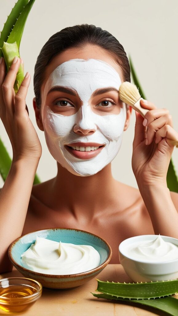 A close-up of a woman applying a rich, creamy DIY face mask made from natural ingredients. The image showcases a skincare routine focused on hydration, featuring golden honey, aloe vera, and yogurt.