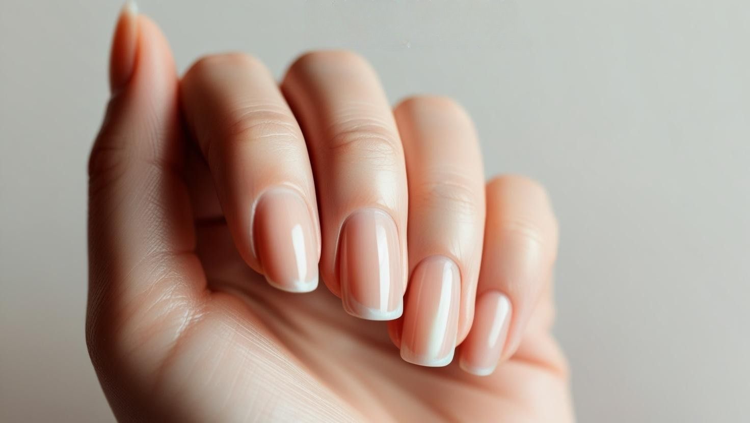 A close-up of a hand with well-groomed, healthy nails and neatly maintained cuticles, showcasing a natural, glossy finish. The nails have a soft pink hue with white tips, appearing strong and moisturized.