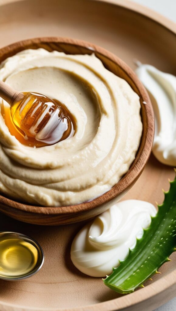 A close-up of a wooden bowl filled with a creamy honey and yogurt face mask, drizzled with honey from a wooden dipper. The bowl is placed on a wooden tray, surrounded by aloe vera, a dollop of cream, and a small dish of oil, creating a natural and hydrating skincare aesthetic.
