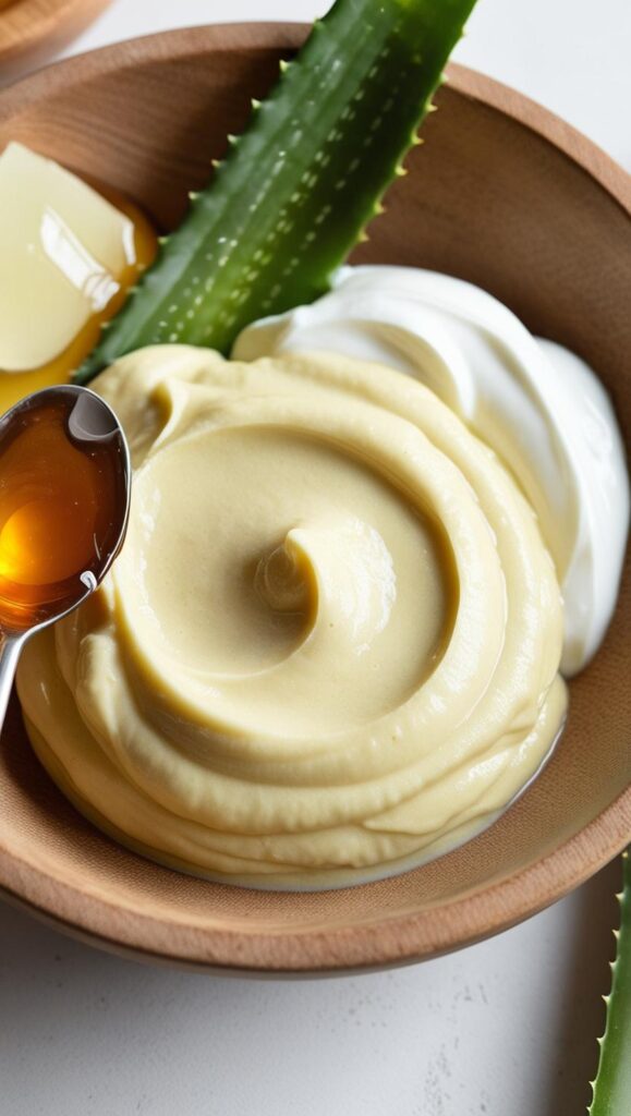 A wooden bowl containing a smooth, rich honey and yogurt face mask, accompanied by fresh aloe vera, a spoonful of golden honey, and a dollop of white cream. The arrangement highlights natural ingredients for a hydrating skincare routine.