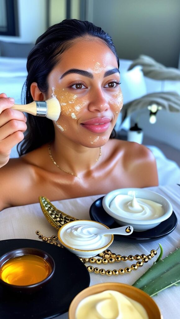 A woman applying a homemade hydrating face mask with a brush, surrounded by natural skincare ingredients like aloe vera, honey, and cream. The image highlights a glowing, fresh skin look with a relaxing self-care vibe.