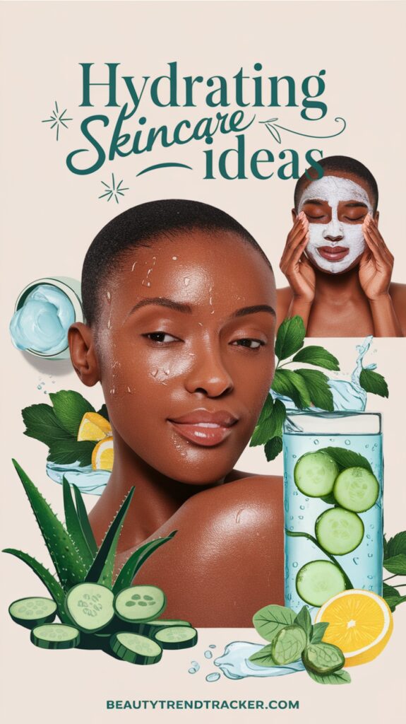 A skincare collage promoting hydrating skincare ideas, featuring a woman with glowing, moisturized skin, a face mask application, and natural ingredients like aloe vera, cucumber, and lemon water. The design includes text emphasizing skincare benefits and hydration.
