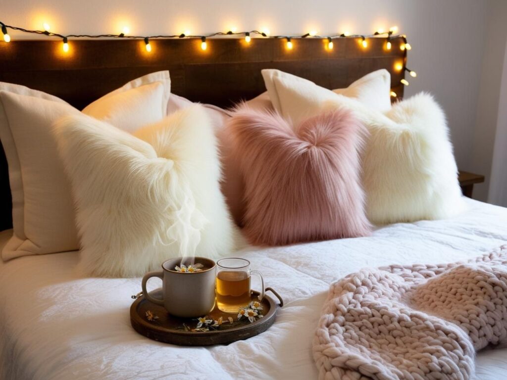 Cozymaxxing is more than just an aesthetic—it’s a healing ritual. This soft, calming setup with fluffy pillows, chamomile tea, and warm lighting is the perfect retreat when you're feeling burned out. Reclaim your energy one cozy detail at a time.