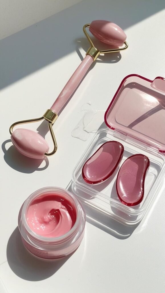 Blush-toned beauty tools and silky skincare for your next self-care day. Use this setup to learn the basics of facial roller how to use and enjoy the glow-up results. It’s perfect for beginners who want a relaxing, affordable skincare ritual.