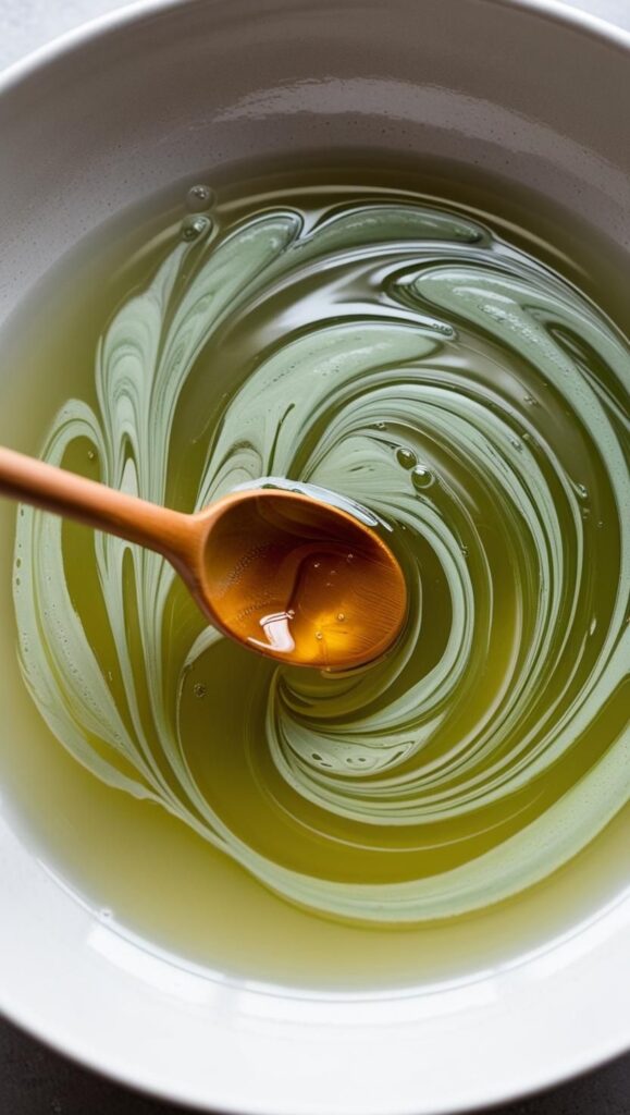 A swirl of honey in green tea makes the perfect hydrating toner! This image shows the magic of combining natural ingredients to create a skincare solution that’s soothing, anti-aging, and glow-boosting.