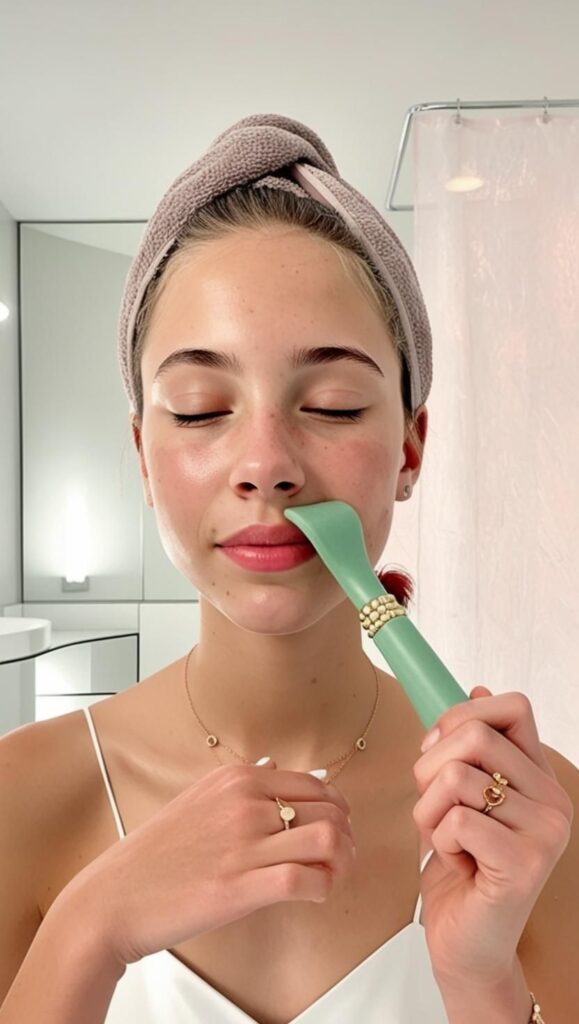 Learn how to use a jade roller on your face for a lifted and glowing look. This soothing step targets smile lines and boosts circulation with a gentle face massage technique using a gua roller. Add it to your morning routine for a natural contour. Fresh-faced glow incoming! This close-up skincare moment captures a young woman using a green sculpting tool for a calming face massage. Her rosy cheeks and relaxed expression highlight the soothing benefits of a consistent facial routine.