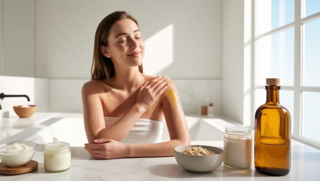 A woman applying natural aloe vera gel to her sunburned shoulder in a sunny bathroom with skincare items around her.