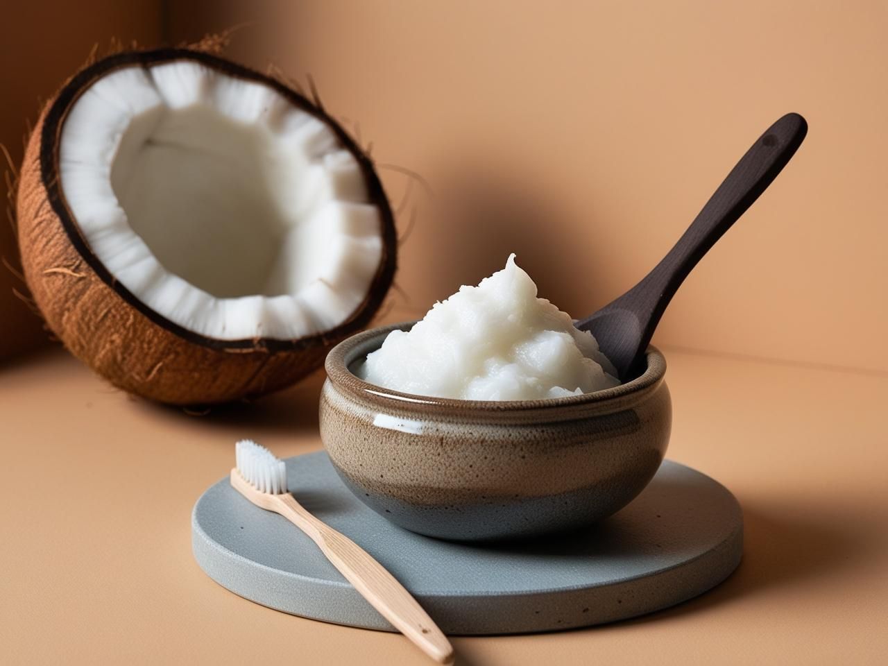 Discover the natural secret to a brighter smile and healthier gums with coconut oil pulling. This image captures the essence of clean beauty—featuring a rustic bowl of organic coconut oil, a bamboo toothbrush, and a fresh coconut half. Learn how to use coconut oil for oil pulling and why it’s a must-have in your daily self-care routine.