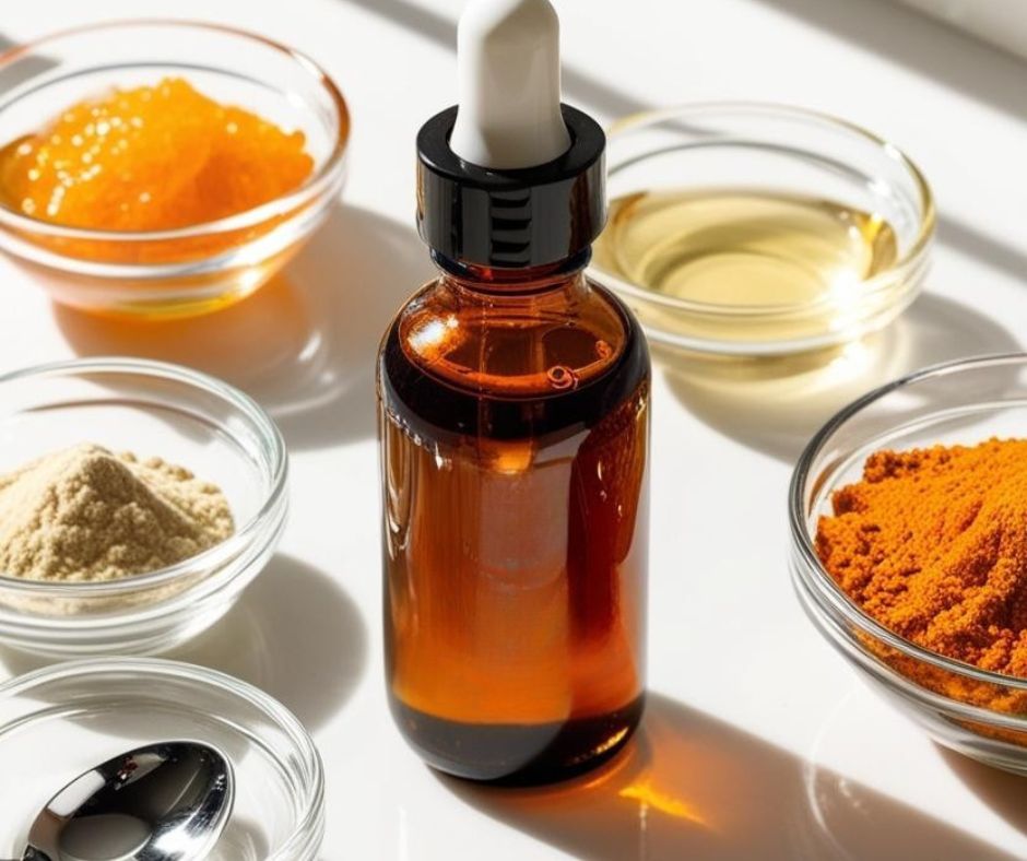 Glowing skin starts with the right routine! This gorgeous flat lay shows everything you need to make and apply your own DIY vitamin C serum at home. With natural ingredients like glycerin, vitamin C powder, and orange peel, this serum is perfect for brightening and evening out your complexion—on a budget.