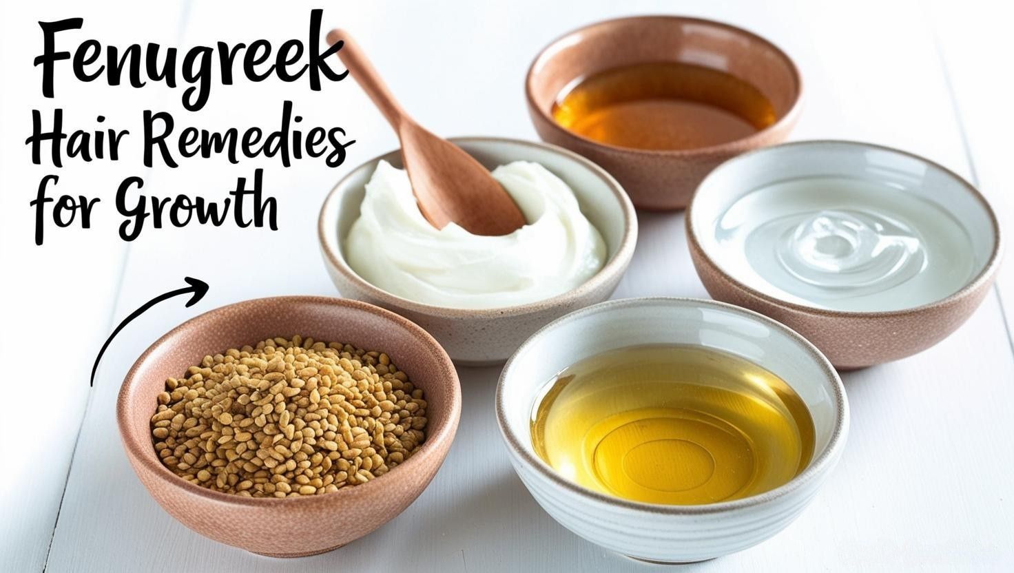 Transform your hair naturally with this powerful combo of fenugreek, honey, yogurt, and more. This image showcases the essential ingredients for DIY hair masks that boost growth and strength.