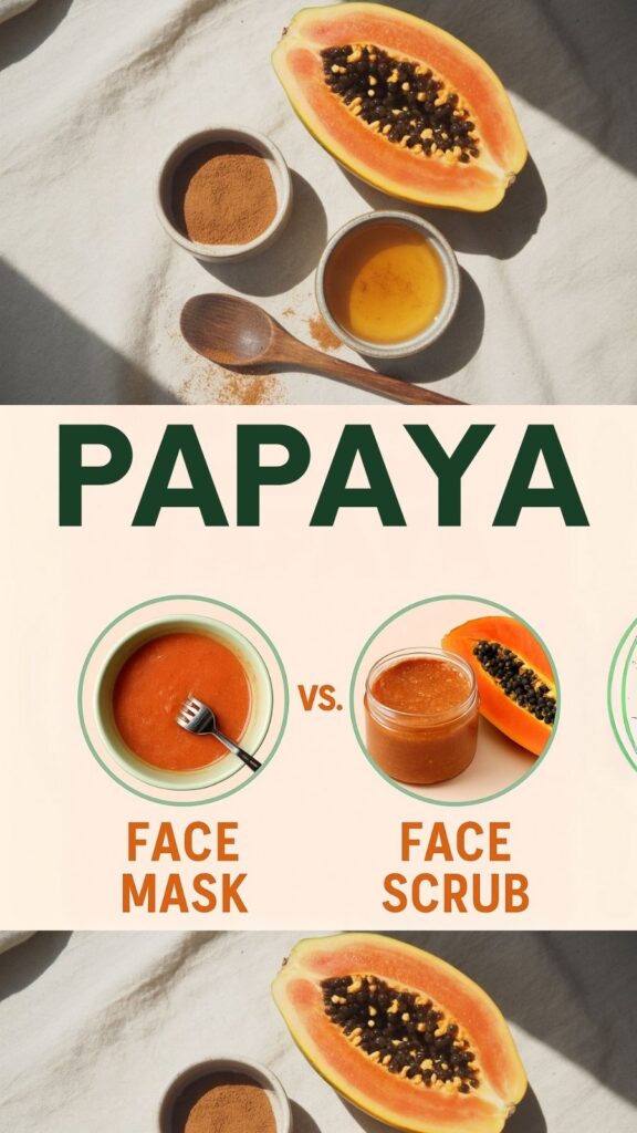 Papaya skincare showdown! Wondering whether a papaya face mask or face scrub is better for your skin? This side-by-side visual explains the benefits of both and helps you choose the best natural treatment for your glow goals.