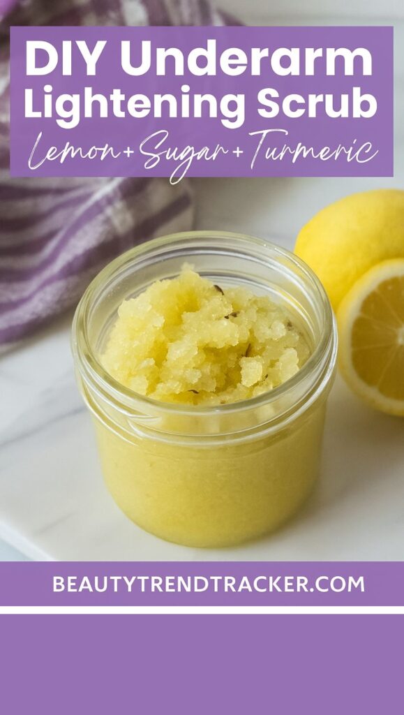 One of our favorite body scrub recipes! This lemon + sugar + turmeric combo helps even out underarm tone and leaves your skin feeling fresh. Follow the full tutorial at BeautyTrendTracker.com.