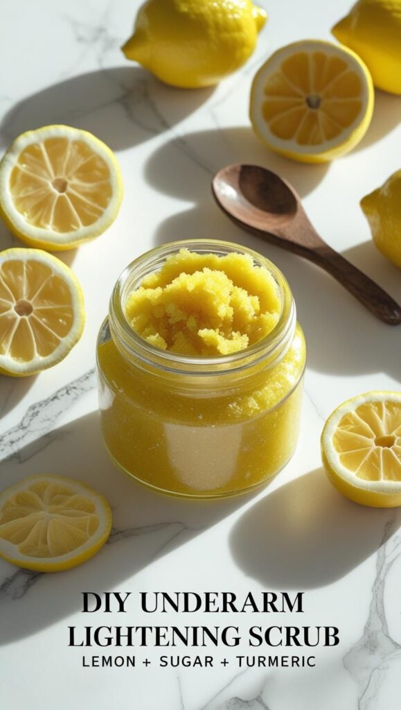 Lighten and smooth underarms naturally with this DIY scrub recipe using lemon, sugar, and turmeric. A must-try beauty hack for fans of natural skincare and radiant skin.