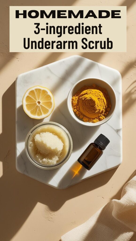 Say goodbye to dark underarms with this homemade scrub! This 3-ingredient beauty recipe blends turmeric, lemon, and sugar for a natural underarm lightening treatment. Add it to your weekly skincare routine.