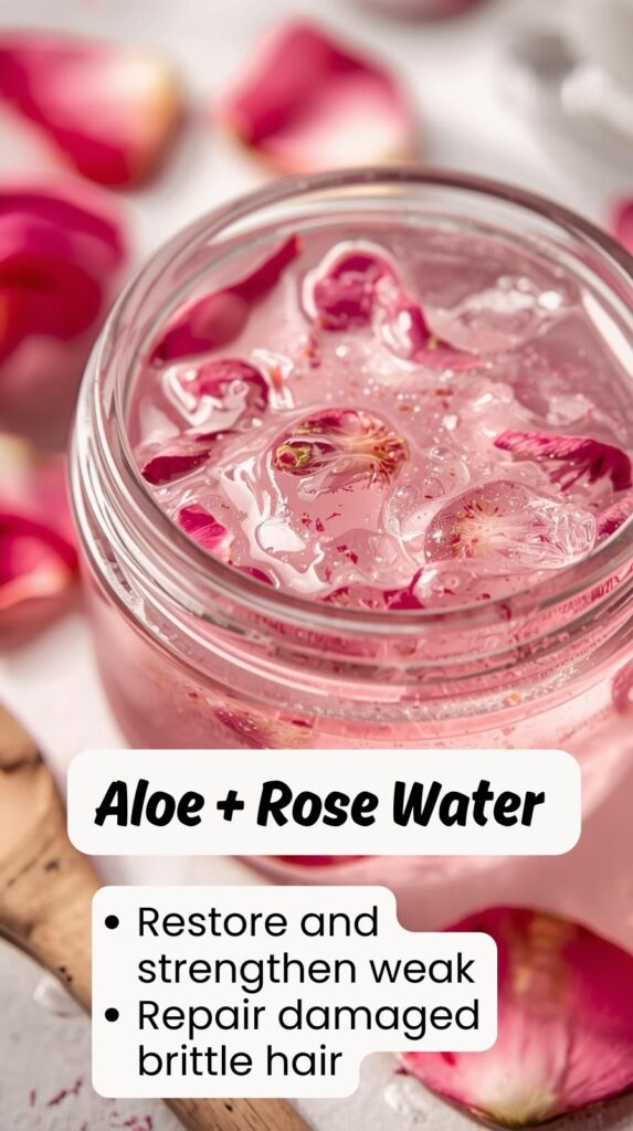 A gorgeous close-up of aloe rose gel with real petals. This DIY mix helps strengthen weak strands and repair brittle hair. Great for anyone wanting a natural boost without heavy products.