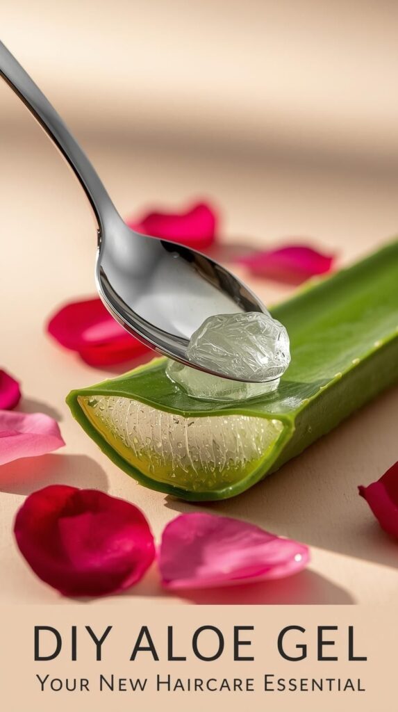A sleek photo showing fresh aloe gel scooped straight from the leaf. This DIY aloe gel is perfect for scalp care, curl hydration, and restoring moisture naturally. A must-try for easy at-home beauty.