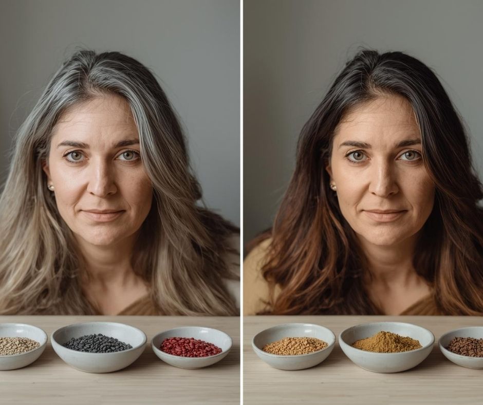 This before-and-after style image shows the kind of gradual change people hope for when using natural gray hair remedies consistently. A realistic look at how herbal hair oil routines may support darker-looking hair over time.
