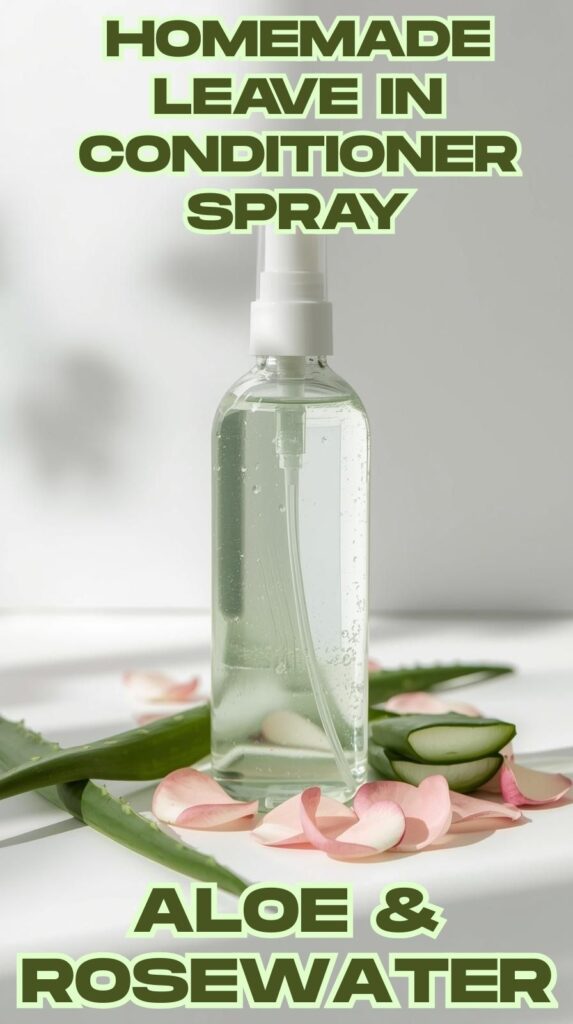 A clean, modern shot of a hydrating aloe and rosewater leave-in spray. This DIY conditioner is perfect for frizz control, detangling, and adding softness without buildup. A great option for natural, budget-friendly haircare.