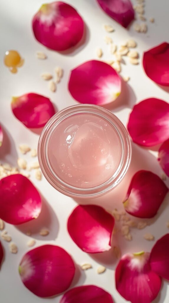 This dreamy flatlay shows a pink aloe rose gel surrounded by rose petals. It’s the perfect inspiration for making your own rosewater and aloe mix at home. Use it for hydration, shine, and soft curls without heavy buildup.