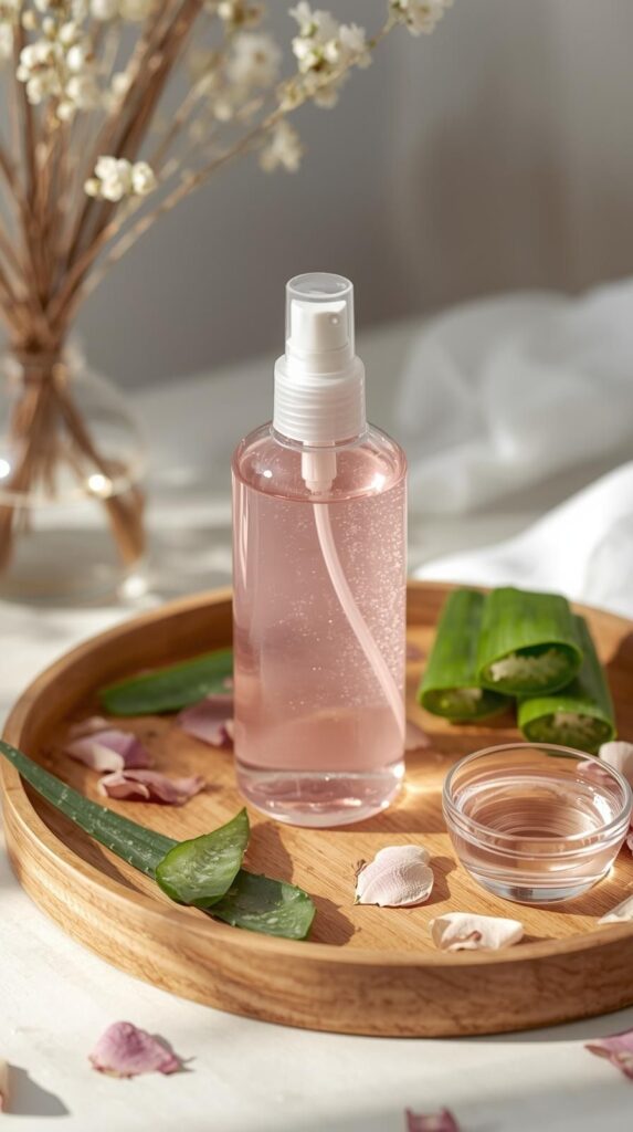 A clean and minimal beauty setup featuring a rose and aloe hydrating spray. This image is ideal for showing how easy it is to make your own hair mist for daily moisture and smoothness. A must-save for DIY haircare lovers.