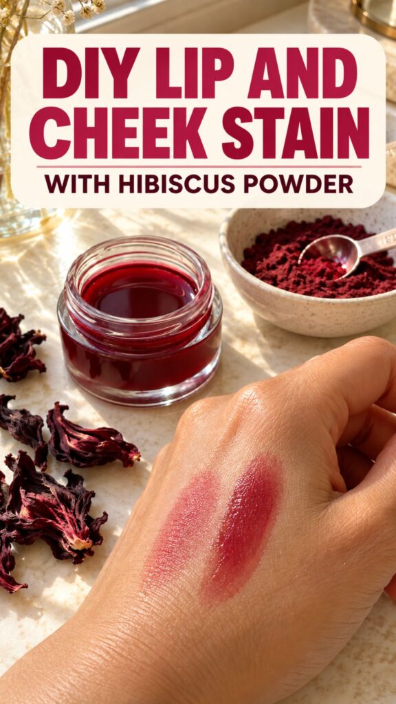 One homemade tint, two ways to wear it! This DIY lip and cheek stain with hibiscus powder lets you explore a sheer rosy flush or layer on richer berry color. Follow the five-step tutorial, learn the optional role of jojoba oil for DIY makeup and get finger-blending tips. Read the full recipe for ingredient suitability, application and handling guidance.